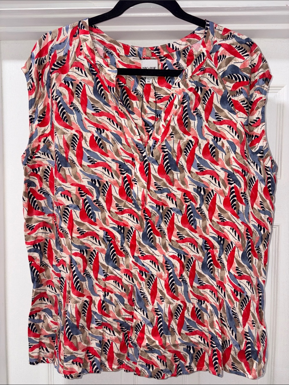 NIC+ZOE Red, Blue & Tan Printed Sleeveless V-Neck Top